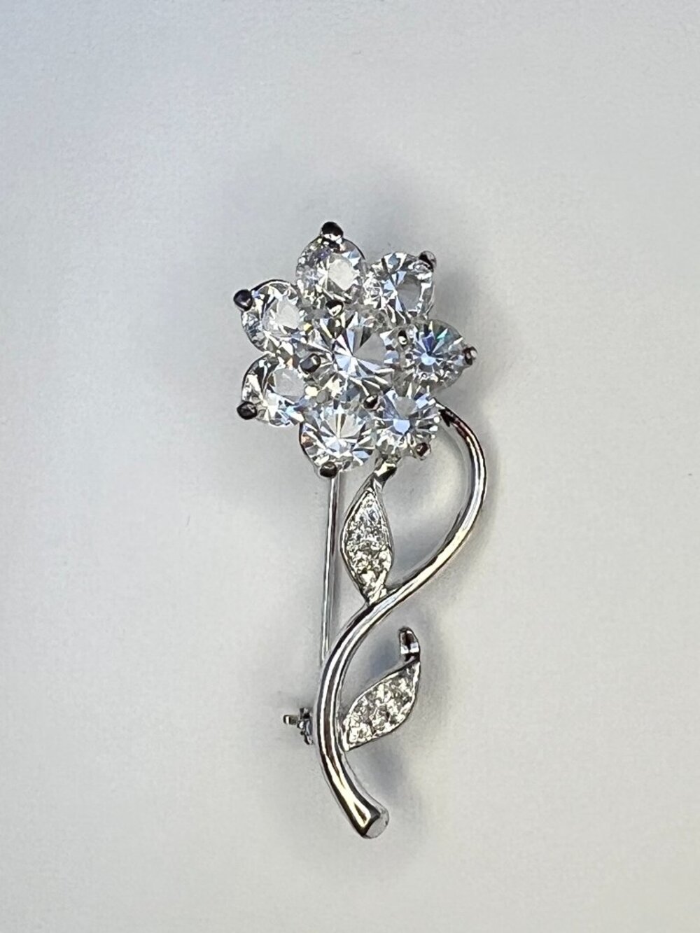 Vintage Rhinestone Flower Brooch Silver Tone Crystal Floral Pin 1970s Statement